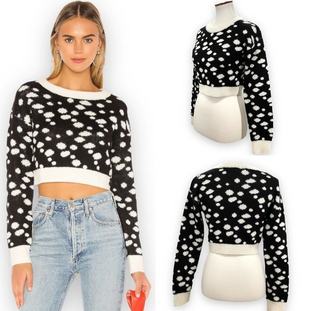 🍀 Lovers + Friends Revolve Myla Cropped Wool Blend Sweater Black Appaloosa XS
